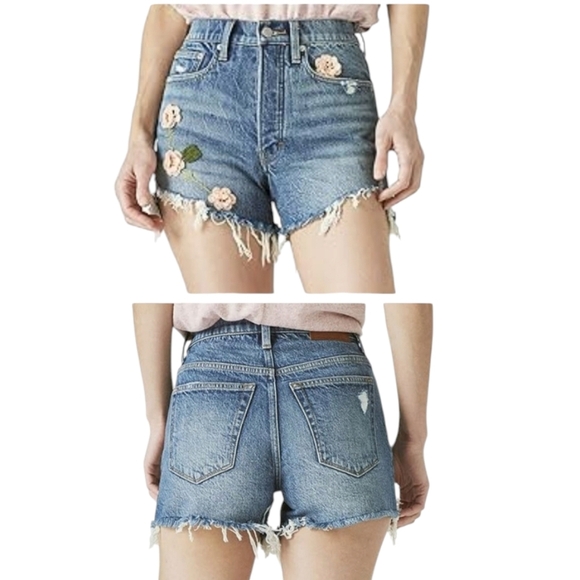Lucky Brand Embroidered Distressed Denim Midi Shorts Size 00 / 24 High Rise - Picture 1 of 13